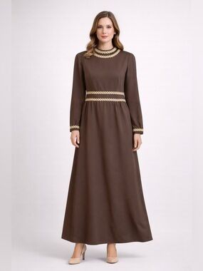Vintage brown long sleeve maxi dress swirly gold details renaissance MCM est M/L